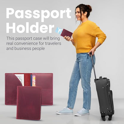 Leather Passport Holder with Travel Wallet, Genuine Leather Passport Cover- Passport Wallet, Leather Folding Wallet for Passports (Oval Cut, Red)