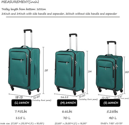 3pcs Set Softside Luggage Sets With Spinner Wheels, Expandable Softshell Suitcase Set, 28inch, 24inch, 20inch luggage with front pocket, Lightweight fabric luggage(GREEN)