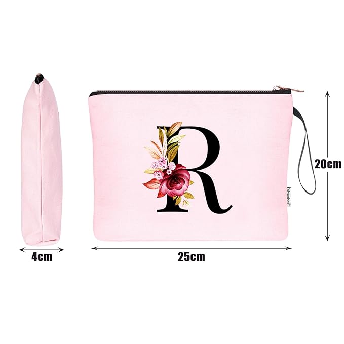 Vavabox A-Z Personalized Makeup Bag, Birthday Gifts for Women Mom, Gifts for Best Friend, Bride Bridesmaid Cosmetic bag (R, Pink)