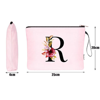 Vavabox A-Z Personalized Makeup Bag, Birthday Gifts for Women Mom, Gifts for Best Friend, Bride Bridesmaid Cosmetic bag (R, Pink)