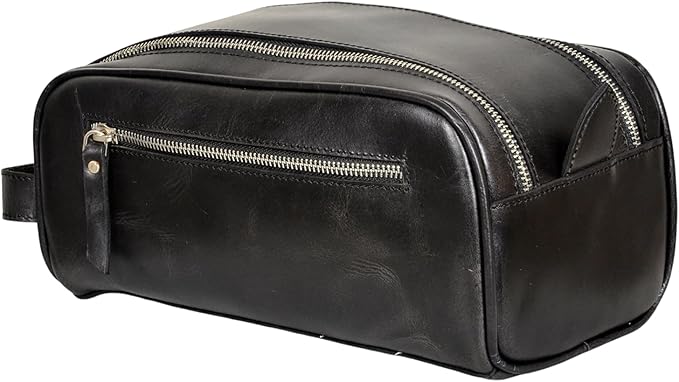 10.5" Premium Buffalo Leather Unisex Toiletry Bag Travel Pouch Kit With Shaving kit Accessories 3 Leather items :Shaving Brush Case, Razor Protective Travel Case (Black)