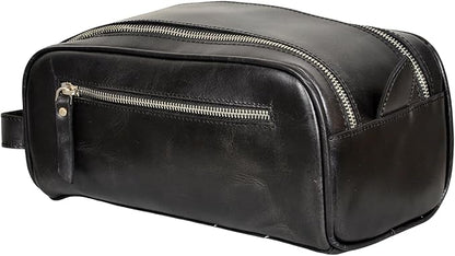 10.5" Premium Buffalo Leather Unisex Toiletry Bag Travel Pouch Kit With Shaving kit Accessories 3 Leather items :Shaving Brush Case, Razor Protective Travel Case (Black)