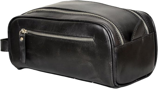 10.5" Premium Buffalo Leather Unisex Toiletry Bag Travel Pouch Kit With Shaving kit Accessories 3 Leather items :Shaving Brush Case, Razor Protective Travel Case (Black)