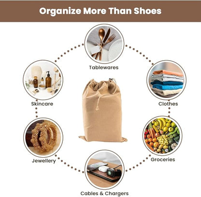 LFH Cotton Rich Shoe Storage Bags with Drawstring, Dustproof Breathable Reusable Organizer, Perfect For Travel, Dorm, Hotel, College, Gym, Easy to Carry, Machine Washable 12"x17" (Pack of 6) - Beige