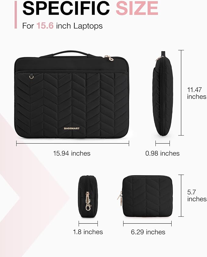 BAGSMART 15-15.6 Inch Laptop Case Sleeve for Women, Puffy Shockproof Laptop Bag with Accessories Pouch and Handle, Lightweight Computer Case Compatible with Dell, HP, MacBook Air/Pro, Rich Black