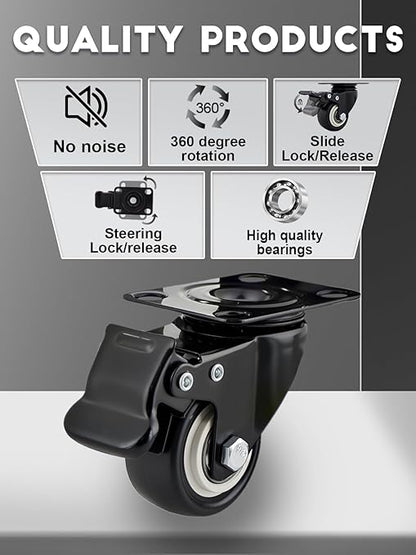 2 Inch Caster Wheels Set of 32 Heavy Duty Casters,with Brake,No Noise Locking Polyurethane (PU) Wheels, for Furniture and Workbench Load 800lbs