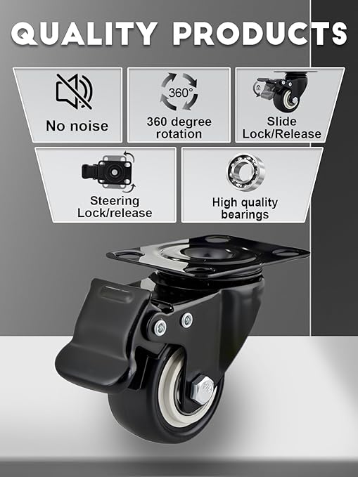 2 Inch Caster Wheels Set of 28 Heavy Duty Casters,with Brake,No Noise Locking Polyurethane (PU) Wheels, for Furniture and Workbench Load 800lbs