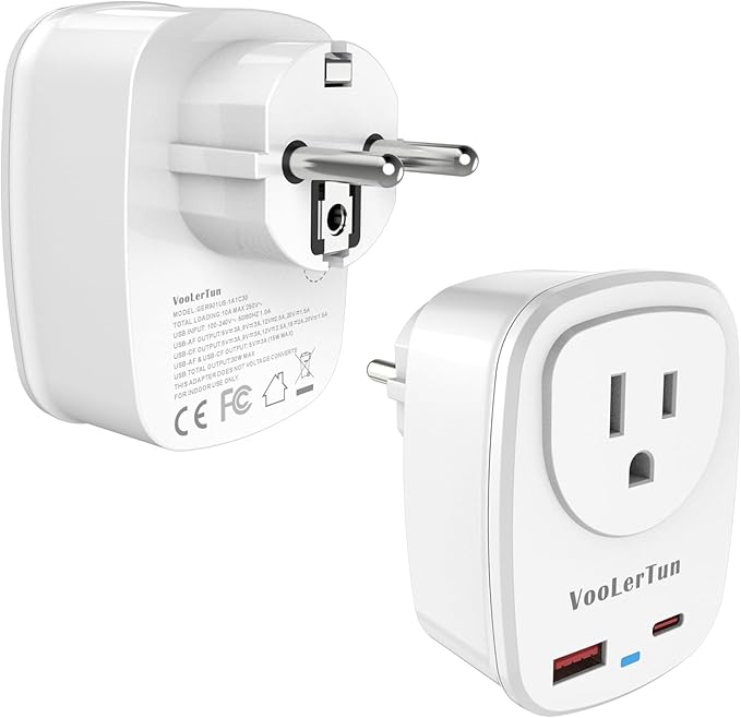 Type E/F Plug Adapter, VooLerTun France Germany Travel Adapter with 30W Fast Charge Power Adapter Dual Ports Compatible Cell Phone Camera, 1 American Outlet Adapter, US Converter European Travel