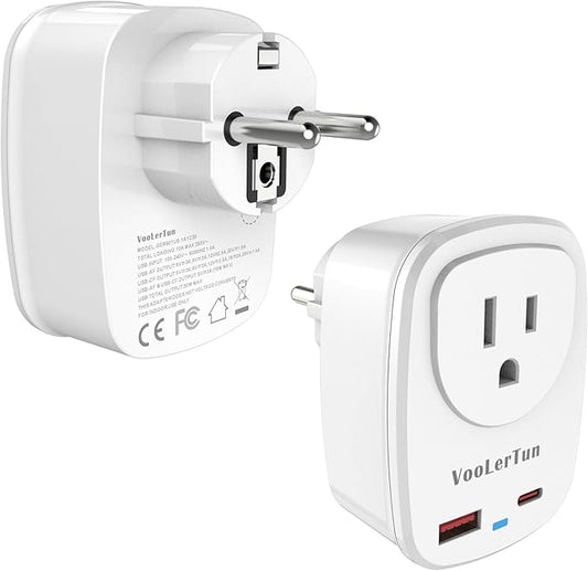 Type E/F Plug Adapter, VooLerTun France Germany Travel Adapter with 30W Fast Charge Power Adapter Dual Ports Compatible Cell Phone Camera, 1 American Outlet Adapter, US Converter European Travel