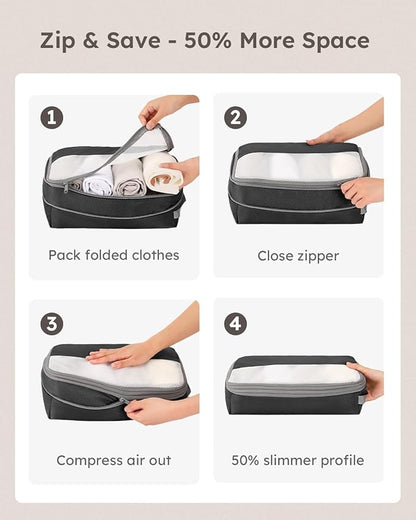 4 Set Compression Packing Cubes for Travel, Bonus Versatile Drawstring Backpack, Lightweight Luggage Organizer Bags, Sturdy Travel Accessories for Suitcase, Black