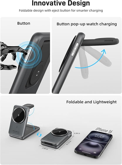 Wireless Charger for Apple, 3 in 1 MagSafe Charger Foldable Magnetic Charger for iPhone 17/16/15/14 Series, Airpods Pro 2, iWatch Series 10/9/8/7, Travel Charging Station for Apple Multiple Devices