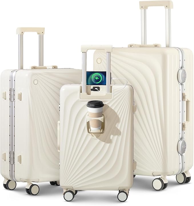 3-Piece Hardside Luggage Sets Aluminum Frame, 20+24+28 Inch Suitcases with USB Charging Port, Foldable Cup Holder, TSA Locks & Spinner Wheels for Travel, Ivory White