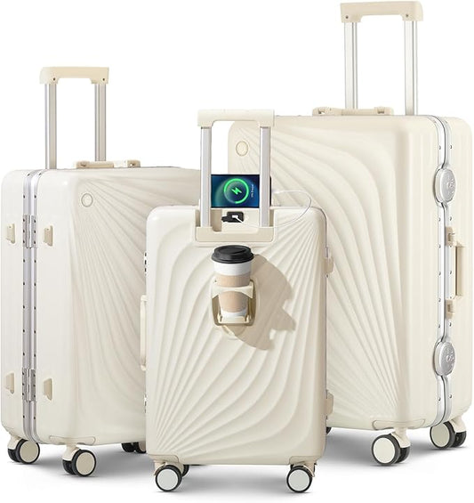 3-Piece Hardside Luggage Sets Aluminum Frame, 20+24+28 Inch Suitcases with USB Charging Port, Foldable Cup Holder, TSA Locks & Spinner Wheels for Travel, Ivory White