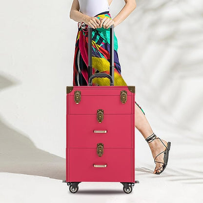 Rolling Makeup Case w/ 2 Keys, 3-tier Lockable Makeup Train Case w/ Drawers, Removable Baffle Nail Polish Organizer, Travel Cosmetic Case w/ 15-34in Telescopic Rod, 14.2*9*39.76in, Bronze Latch+Rose