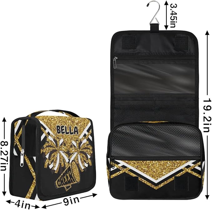 Custom Name Toiletry Bag Travel Bag with Hanging Hook, Cheerleading Makeup Cosmetic Bag Travel Full Sized Container Organizer for Shampoo, Toiletries. Gold Sequins with Black