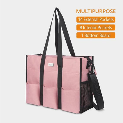 TOPDesign Utility Water Resistant Tote Bag with 22 Pockets, Top Zipper Closure & Thick Bottom Support, for Working Women
