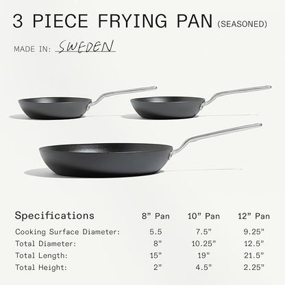 Made In Cookware - 3 Piece (Includes 8",10",12") Seasoned Blue Carbon Steel Frying Pan - (Like Cast Iron, but Better) - Professional Cookware - Crafted in Sweden - Induction Compatible