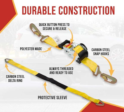 Mytee Products 4Pack 1''x12' Retractable Ratchet Straps Kit w/Snap Hook, Axle Straps w/Delta Ring, Protective Sleeve, Storage Bag - Self Ratcheting Tie Down Strap w/500 lbs WLL for Boat, Jet Ski, ATV