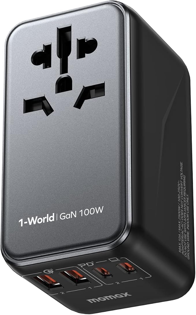 MOMAX Universal Travel Adapter, 100W Fast GaN International Power Adapter, 2PD USB-C+2QC USB-A Travel Adapter, US, UK, EU, AU Travel Adapter Worldwide for Laptops, Tablets, Phones, Vision Pro