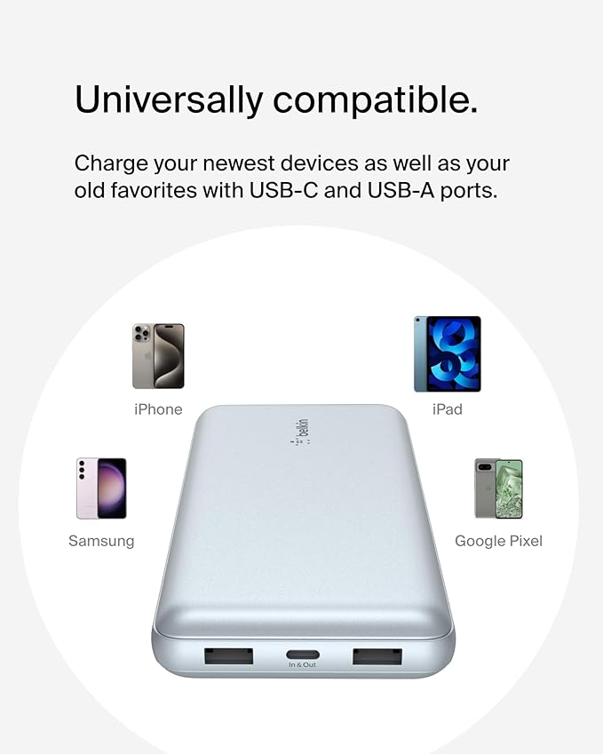 Belkin Portable Charger, USB-C Power Bank 20000 mAh w/ 2 USB-A Ports, 15W w/Type-A to Type-C Cable for iPhone 17, Air, Samsung Galaxy S25, iPad, Nintendo Switch 2, Google Pixel 10, etc. - Pearl Blue