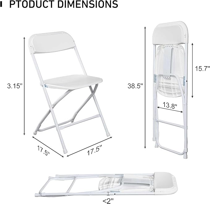 50 Pack Plastic White Folding Chairs with 350-LBS Capacity, Lightweight Portable Indoor Outdoor Chairs, Stackable Commercial Seat with Steel Frame for Office, Party, Graduations, Kitchen