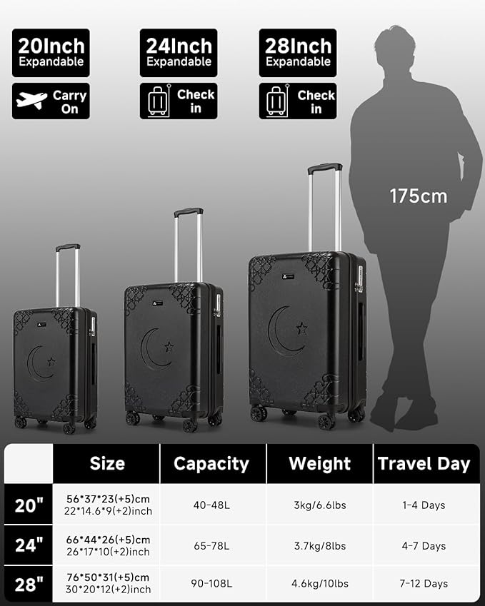 Somago Expandable 2-Piece Luggage Sets 20"/24" Suitcases with Shock-Absorbing Braking Spinner Wheels Moon Star Design Hard Shell Suitcase with Cupholder TSA Lock (Black,Expandable 20/24 Inch)