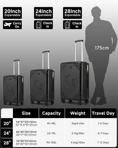 Somago Expandable 2-Piece Luggage Sets 20"/24" Suitcases with Shock-Absorbing Braking Spinner Wheels Moon Star Design Hard Shell Suitcase with Cupholder TSA Lock (Black,Expandable 20/24 Inch)