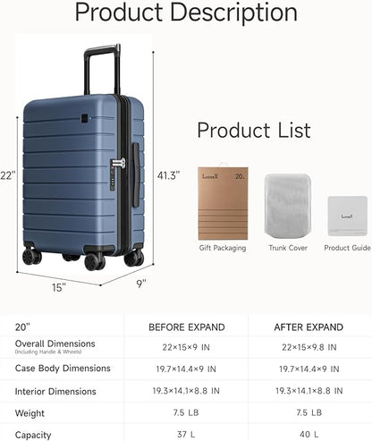 LUGGEX Carry On Luggage HUP3, Hardshell Suitcase with DiHook, Handy Pouch, 20 inch Expandable Suitcases Airline Approved TSA Lock, with Spinner Wheels (HX-Core)