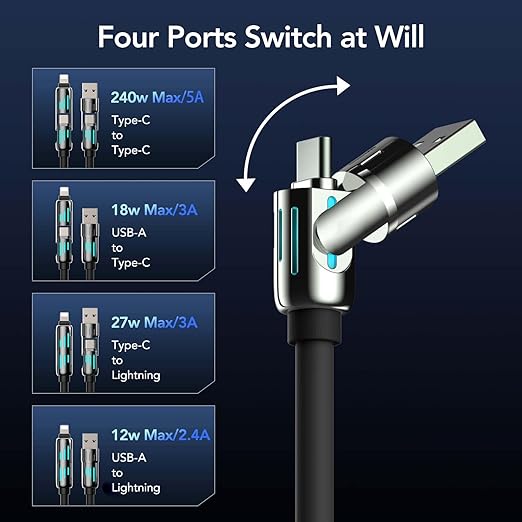 MFish 240W 4-in-1 Universal USB Charging Cable [2 Pack, 6.6ft] – Fast Charger Cord with USB-A, Dual USB-C & Lighting, for iPhone 14/15/16/17 Series, iPad & MacBook & More (2PACK, Black+Black, 6.6Ft)