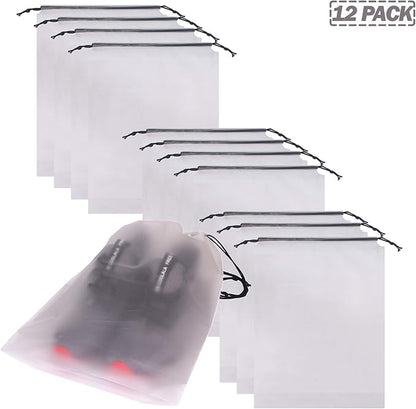 Set of 12 Portable Translucent Shoe Bags for Travel Large Clear Shoes Pouch Storage Organizer with Drawstring for Men and Women