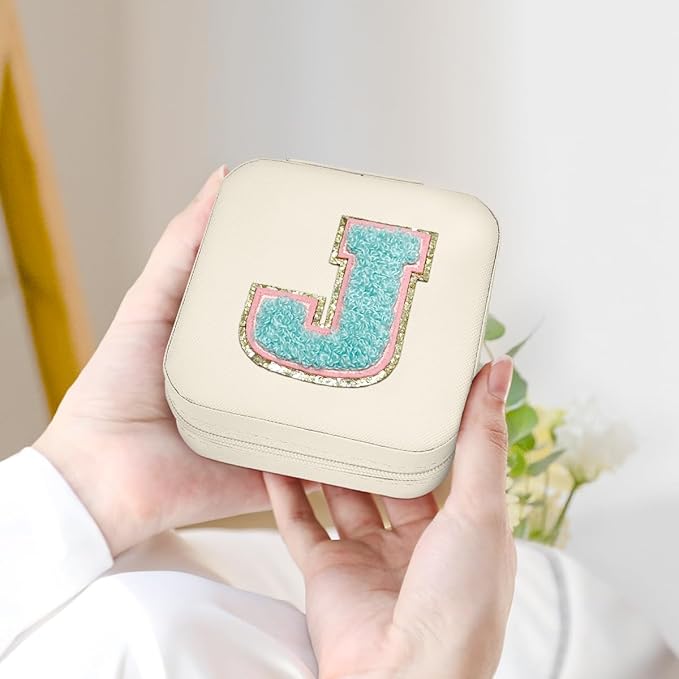 SANDJEST Personalized Jewelry Box, White Travel Jewelry Box with Initial J, Small Monogrammed Jewelry Case Organizer for Girls Women Teen Kids, Mini Travel Essentials Gifts for Birthday Christmas