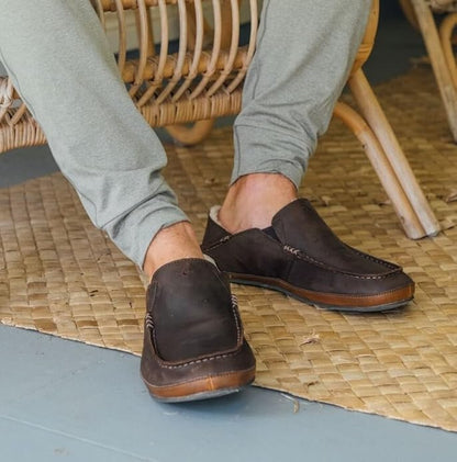 OLUKAI Moloa Slipper, Men's Premium Leather Slip-On Shoes, Soft Genuine Shearling Lining & Gel Insert, Drop-In Heel & All-Day Comfort