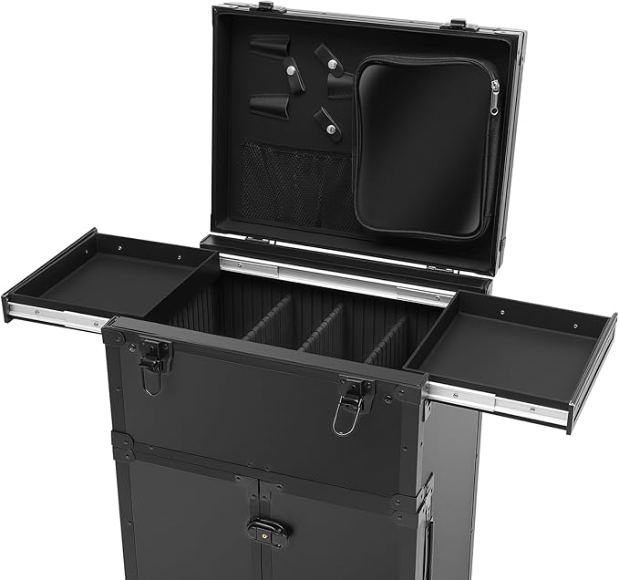 Professional Rolling Makeup Case 4 Drawers Pro Artist Cosmetic Train Cases Hairstylist Travel Case with Multiple Compartments & Hair Dryer Holder