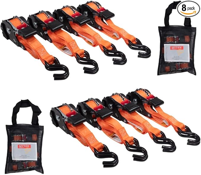 8 Pack Orange Auto Retract NO-RATCHETING Ratchet Straps | 1" x 12' Retractable Ratchet Straps with Zinc Coated S Hook Tiedowns for Motorcycles, ATVs, Bikes, Trailer Tie-Down