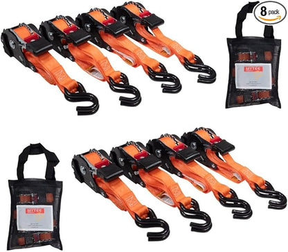 8 Pack Orange Auto Retract NO-RATCHETING Ratchet Straps | 1" x 12' Retractable Ratchet Straps with Zinc Coated S Hook Tiedowns for Motorcycles, ATVs, Bikes, Trailer Tie-Down