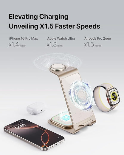 Intoval Aluminum 3 in 1 Wireless Charging Station for iPhone 17 16 15 14 13 12 11 Pro Max XR, Wireless Charger for Apple Watch 11 10 9 8 7 Ultra SE 3 2, Phone Charger for AirPods 4 Pro 2 3 (Desert)