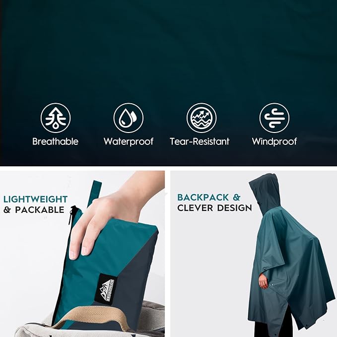 Bruvoalon 3-in-1 Rain Poncho with 1/4 Zip & Chest Pocket, Waterproof, Sunshade, Ground Mat for Adults & Youth Emergency