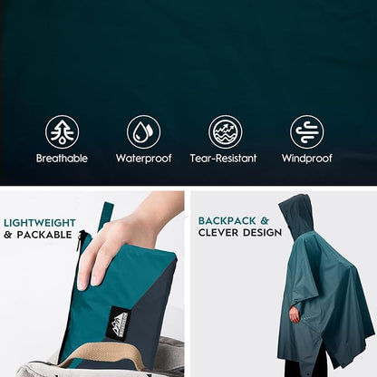 Bruvoalon 3-in-1 Rain Poncho with 1/4 Zip & Chest Pocket, Waterproof, Sunshade, Ground Mat for Adults & Youth Emergency