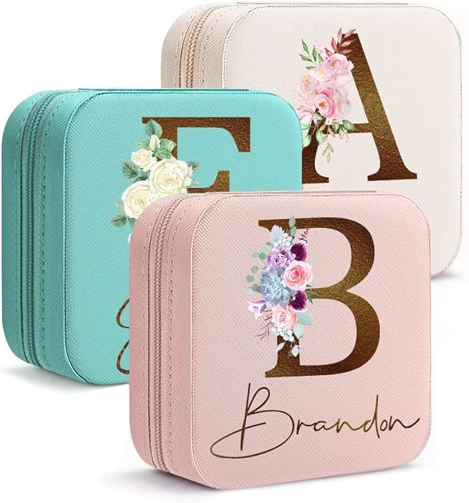 DayOfShe Personalized Bridesmaid Gifts-Travel Jewelry Box for Bachelorette Party Gifts-Leather Initial Floral Jewelry Organizer for Maid of Honor Gift for Bridesmaids