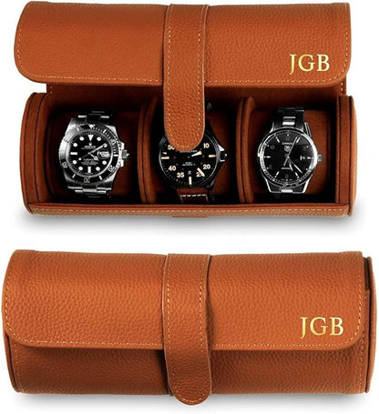 HomeWetBar Durham Custom Leather Jewelry, Bracelet & Watch Roll for Travel - Personalized Leather Case for 3 Watches & Accessories
