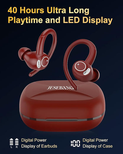 Jesebang Wireless Earbuds Bluetooth 5.4 Headphones Sport, 2025 Wireless Earphones with Earhooks, HiFi Stereo Deep Bass with ENC Mic, 40H Dual LED Display, IP7 Waterproof Ear Bud for Small Ear, Red