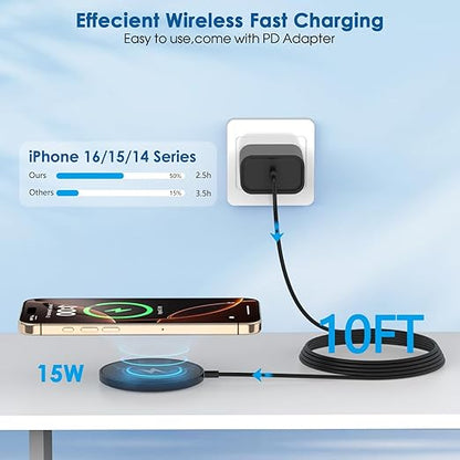 Magnetic Wireless Charger for iPhone 16, 2Pack 10FT 15W Fast Mag-Safe Charger, Wireless Charging Pad with USB C Fast Charging Block for iPhone 16 Pro Max/15/14/13/12/Plus/Pro/Pro Max,AirPods 3/2/Pro 2