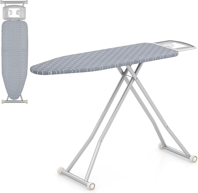 COSTWAY Ironing Board Full Size, 55” x 15” Foldable Iron Stand with Iron Rest, 7 Adjustable Heights & Removable Cover, Heavy-Duty Steel Frame, Portable Ironing Table for Small Place Home Laundry Room