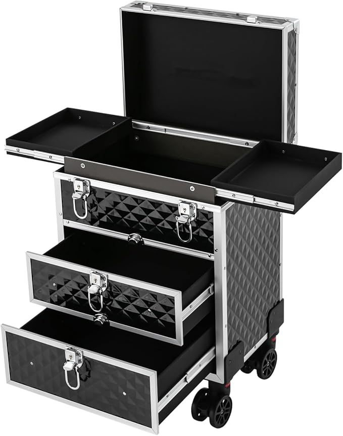 Aluminum Rolling Makeup Train Case, Portable Lockable Makeup Organizer Suitcase, Stylist Cosmetic Luggage Travel Trolley w/4 Removable Wheels & 2 Sliding Drawers