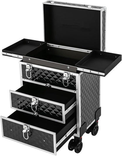 Aluminum Rolling Makeup Train Case, Portable Lockable Makeup Organizer Suitcase, Stylist Cosmetic Luggage Travel Trolley w/4 Removable Wheels & 2 Sliding Drawers
