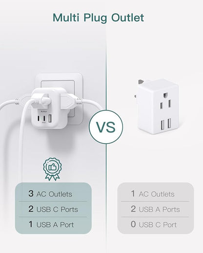 US to UK Plug Adapter 3 Pack, Addtam Type G Travel Plug with 3 Outlets 3 USB Ports(2 USB C), UK Power Adaptor for USA to England London British Ireland Scotland Dubai Hong Kong Kenya