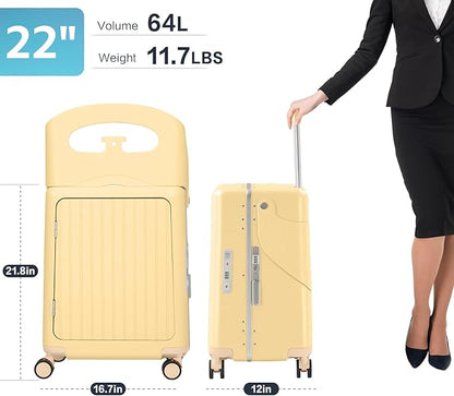 smilesun 22" Carry On Luggage with Seat For Kids & Adults，Hardside Ride On Suitcase Front Opening with 360°Spinner and TSA Lock For Travel (Yellow with Front Open, 22")