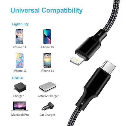 cugunu USB C to Lightning Cable 5 Pack 3/3/6/6/10FT iPhone Charger Apple MFi Certified Power Delivery Fast Charging Cord Compatible with iPhone 14/13/12/11/XS/XR/X/8 - Black