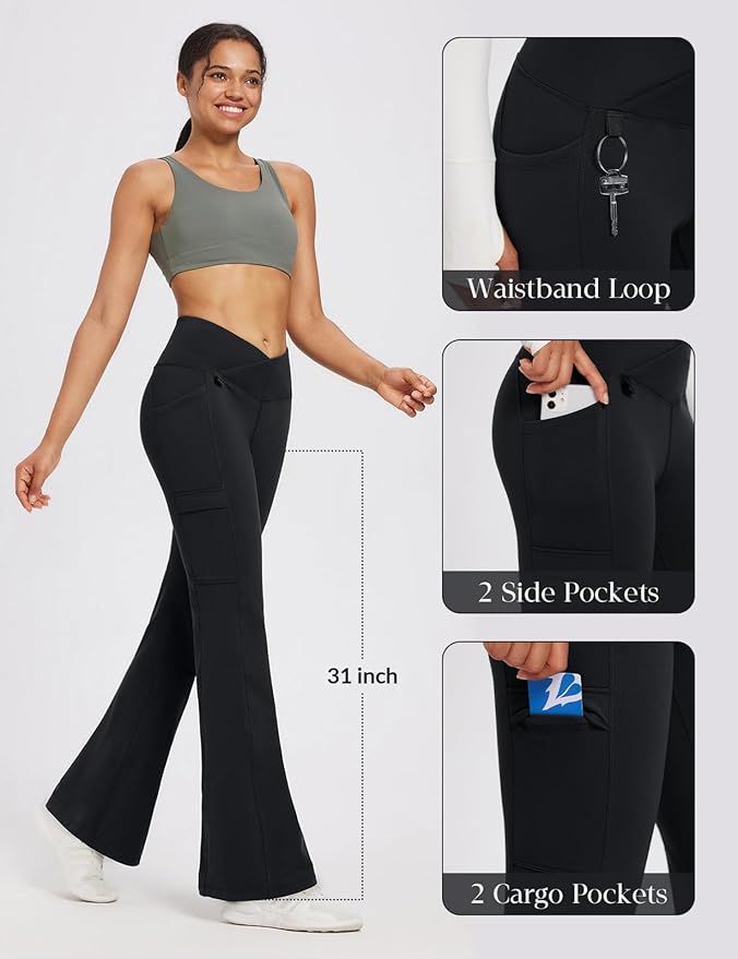 baleaf Women's Fleece Lined Pants Winter Thermal Water Resistant Crossover Flare Leggings Warm Bootcut Hiking Outdoor