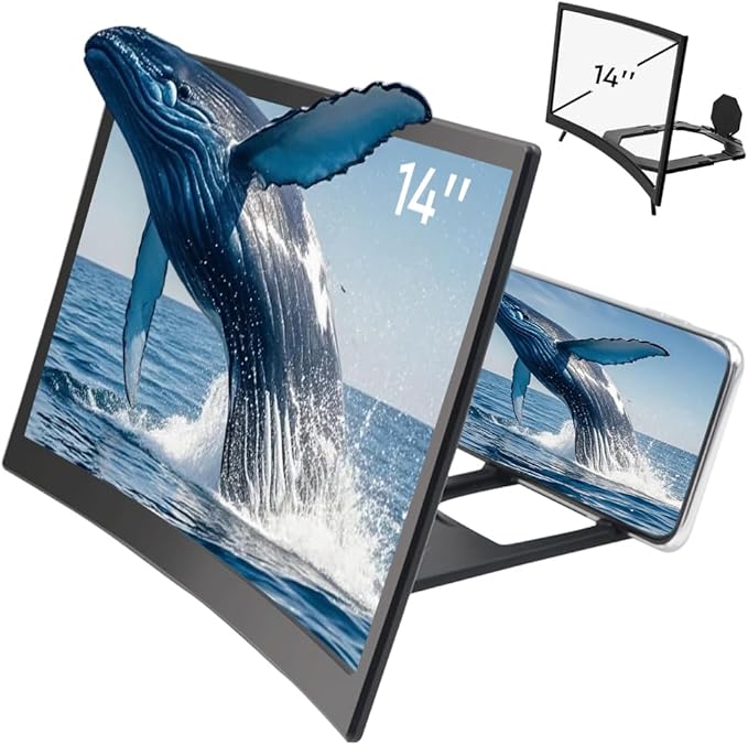 3D Curved Screen Phone Magnifier Projector Screen, 2025 New Lightweight and Foldable Mobile Phones Amplifier for All Smartphones, Portable HD Magnifier for Watching Movies Videos Game (Black 14 Inch)